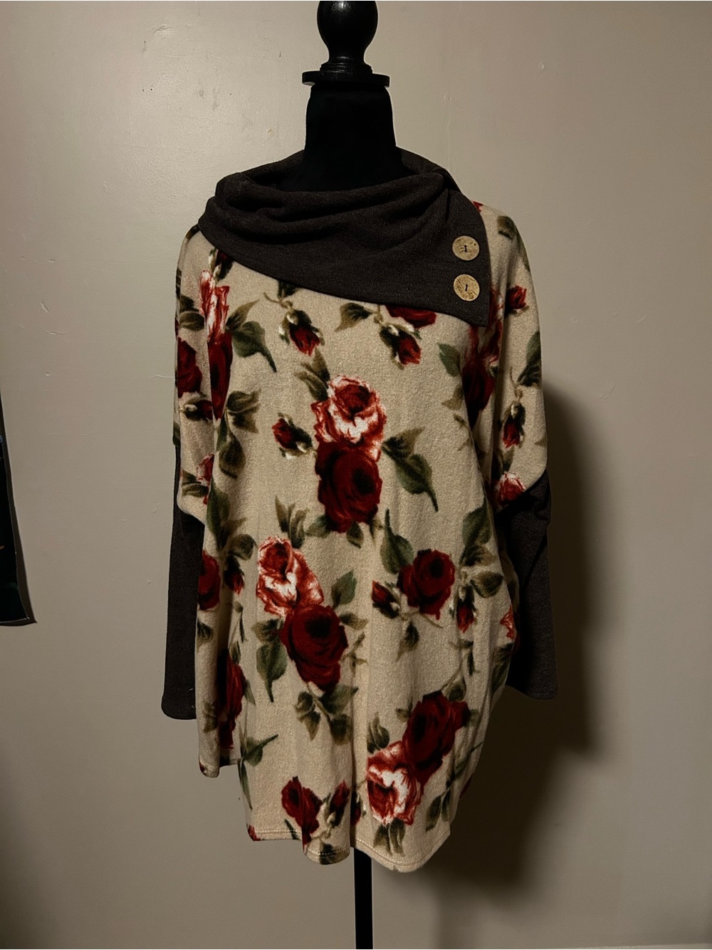 Chris & Carol Floral Cowl Neck Sweater - Cream, Red & Dark Brown